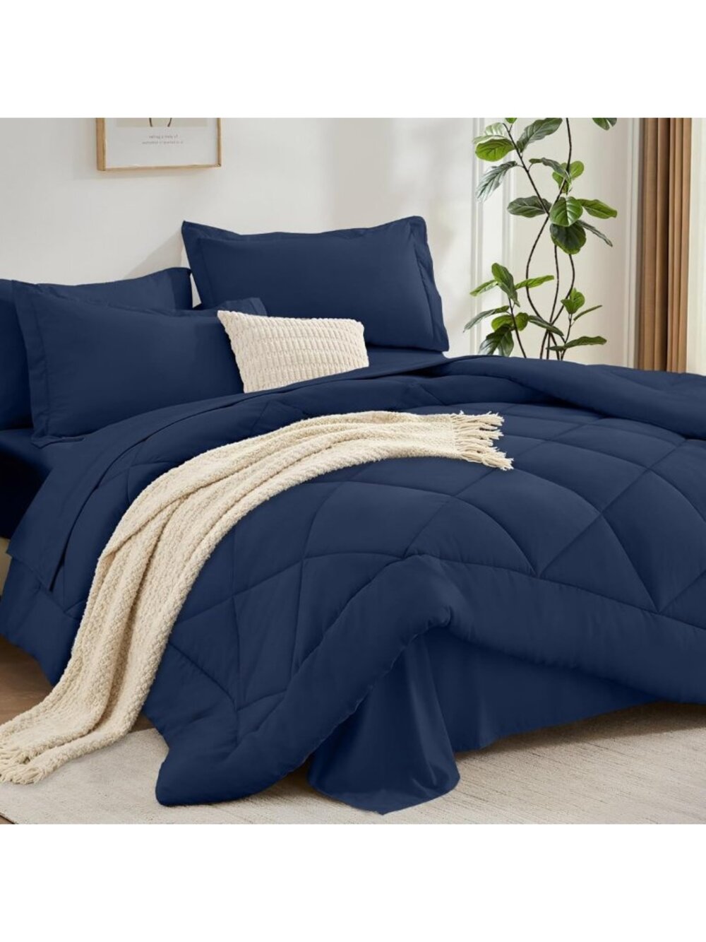 Luxurious 7-Piece King Comforter Set, All-Season Soft Bedding, Navy Blue